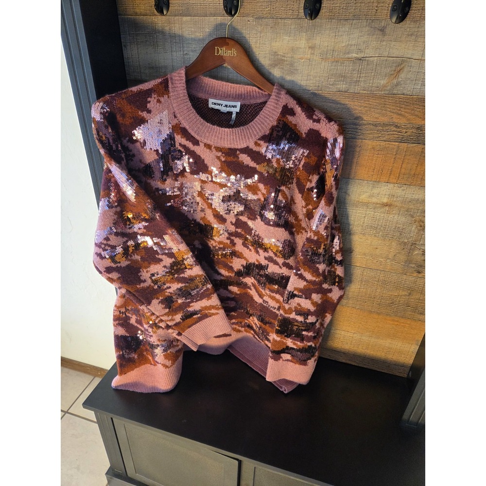DKNY Jeans Sequin Camo Knit Crewneck Pullover Sweater Long Sleeve 2X Plus